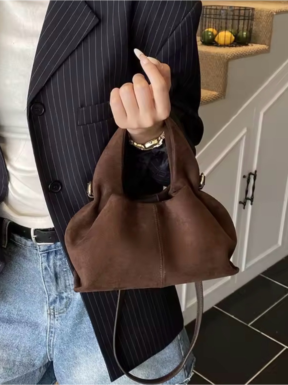 Brown Suede Hobo Bag - Women's Shoulder Purse